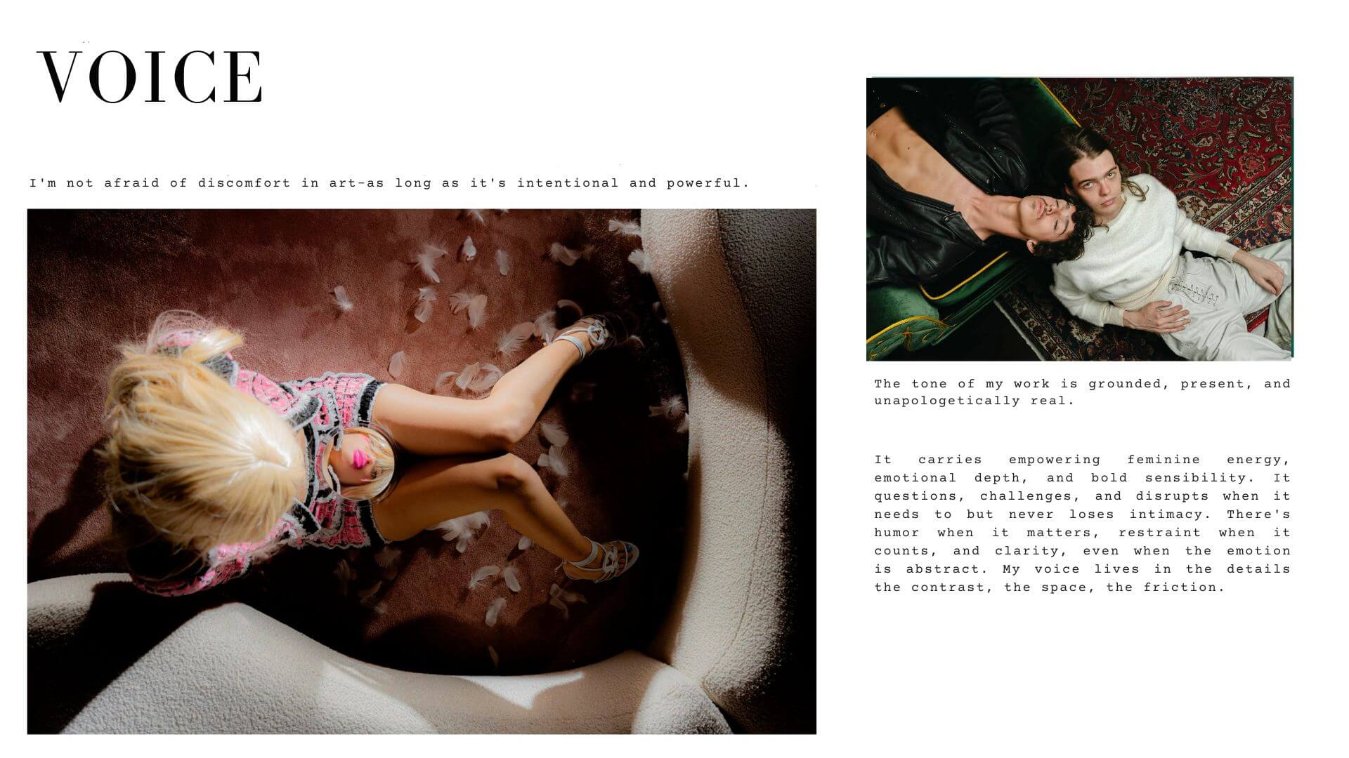 Conceptual editorial photography showing a woman in bold color tones and expressive fashion poses, illustrating Laura Homrich’s creative visual voice and point of view.