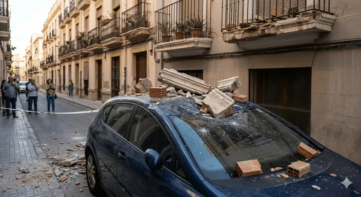 Desprendimiento de fachada sobre un vehículo, siniestro cubierto por la Responsabilidad Civil de la comunidad de vecinos.