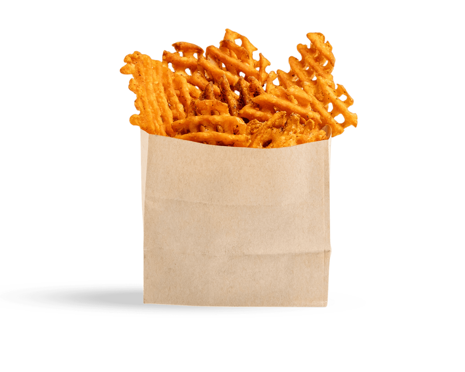 waffel cut sweet potato fries in a small paper bag