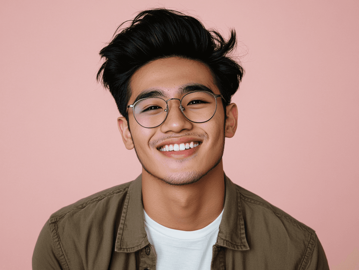 Young man smiling with tanned skin and glasses