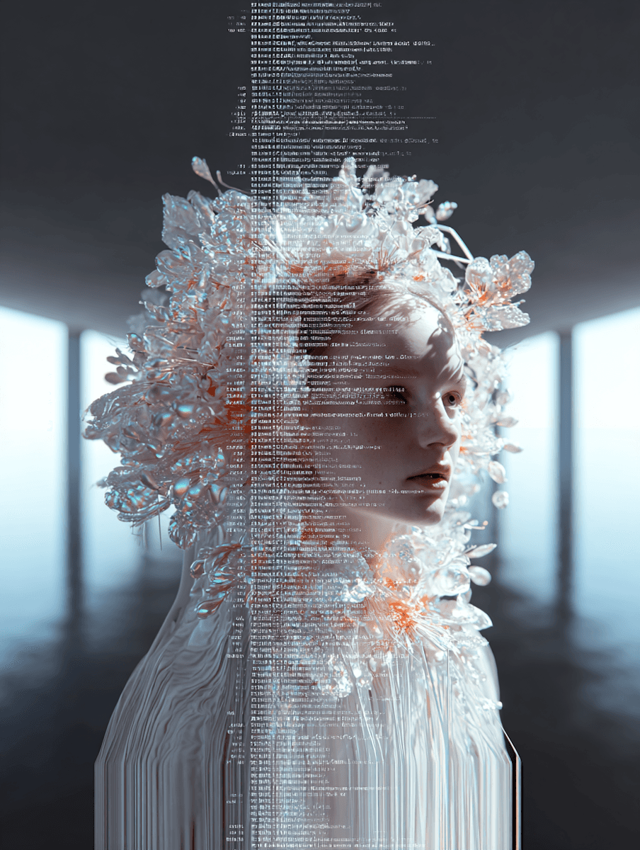 A person stands in a dimly lit, futuristic room wearing an intricate headpiece and garment adorned with delicate, crystalline structures that glow softly, creating a surreal and ethereal atmosphere.