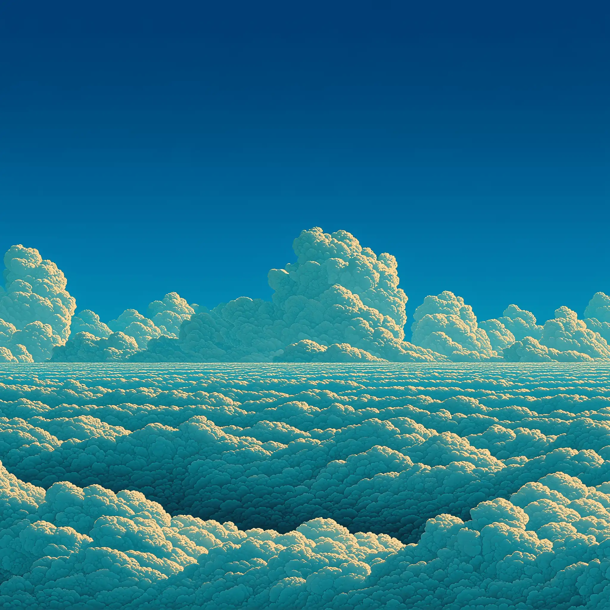 Vue panoramique en pixel art d'une mer de nuages moutonneux s'étendant à perte de vue sous un ciel bleu profond et dégagé.