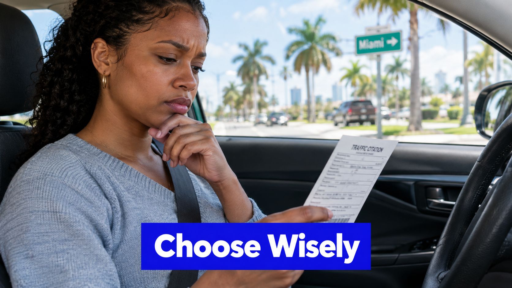 A concerned woman sitting in a car holding a traffic citation document, looking thoughtful and worried.