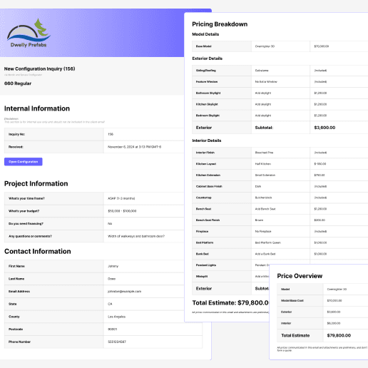 An overview of comprehensive product details of prospects configuration, contact details, and automatically generated pricing breakdown in a professional quote document