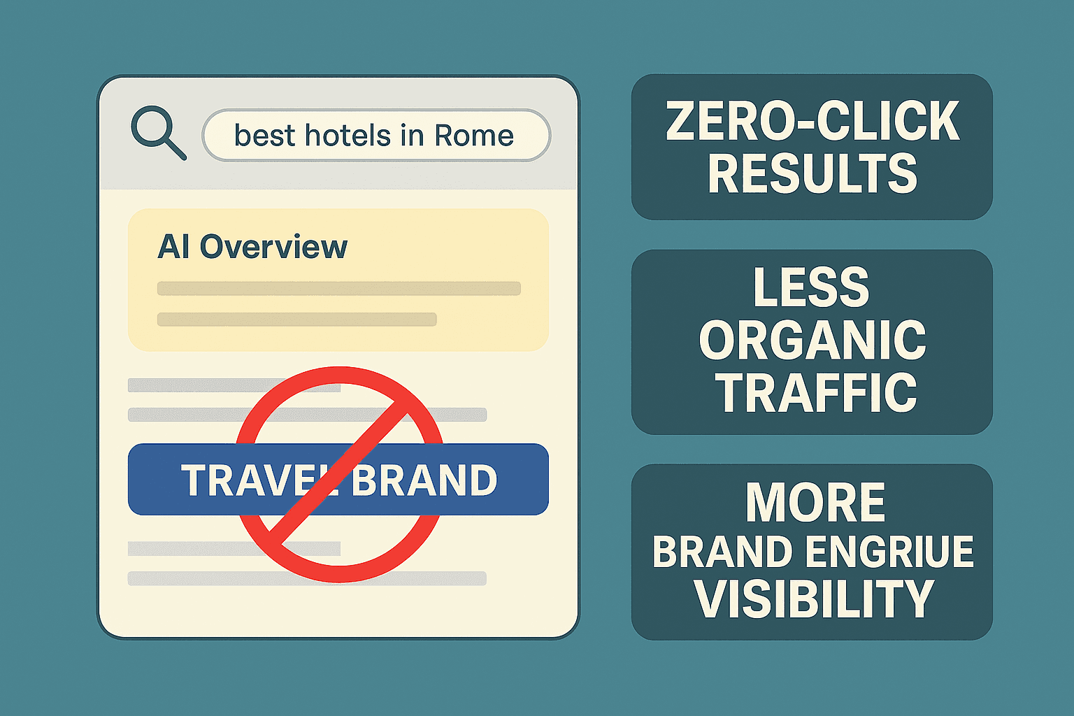 A vertical flat-design infographic showing the zero-click search impact process: a Google SERP with AI Overview and Rich Snippets at the top, followed by arrows leading through stages labeled “Fewer Clicks to Website,” “Weaker First-Party Data and Attribution Gaps,” “Shift to Visibility Metrics,” and “Increased Competition for Paid Real Estate.