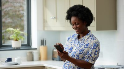 Woman smiling while using a smartphone in a bright kitchen setting.