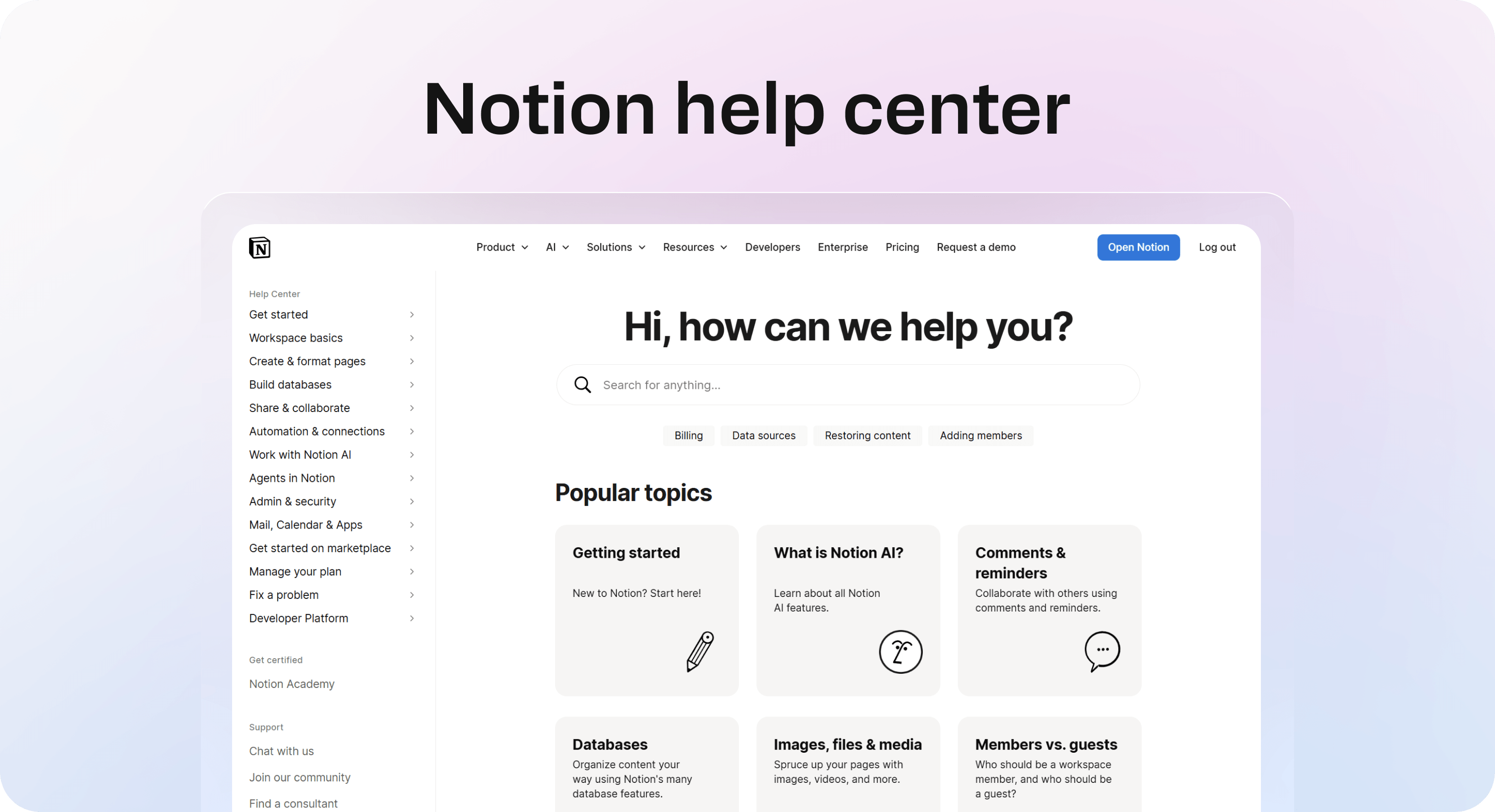 Notion help center with search, popular topics, and customer support categories
