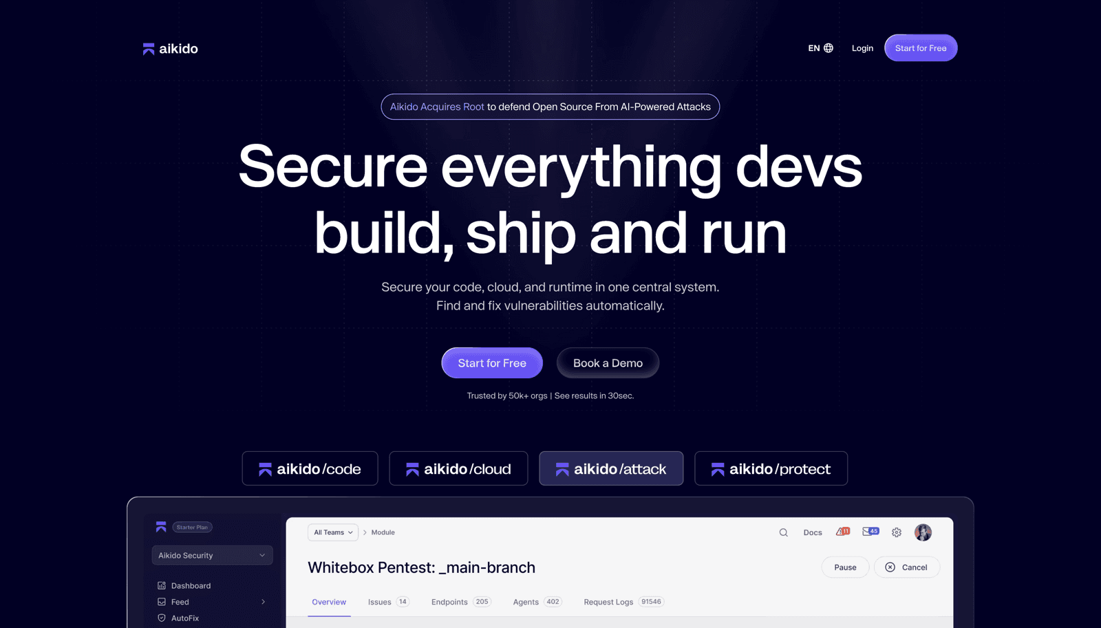 Aikido Security homepage, headline Secure everything devs build, ship and run, with aikido code, cloud, attack, and protect product tabs