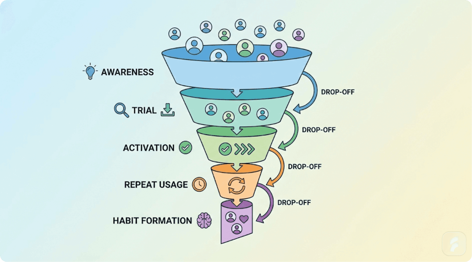 A funnel diagram depicting the stages of SaaS user adoption: Awareness, Trial, Activation, Repeat Usage, and Habit Formation, with a drop-off at each stage.