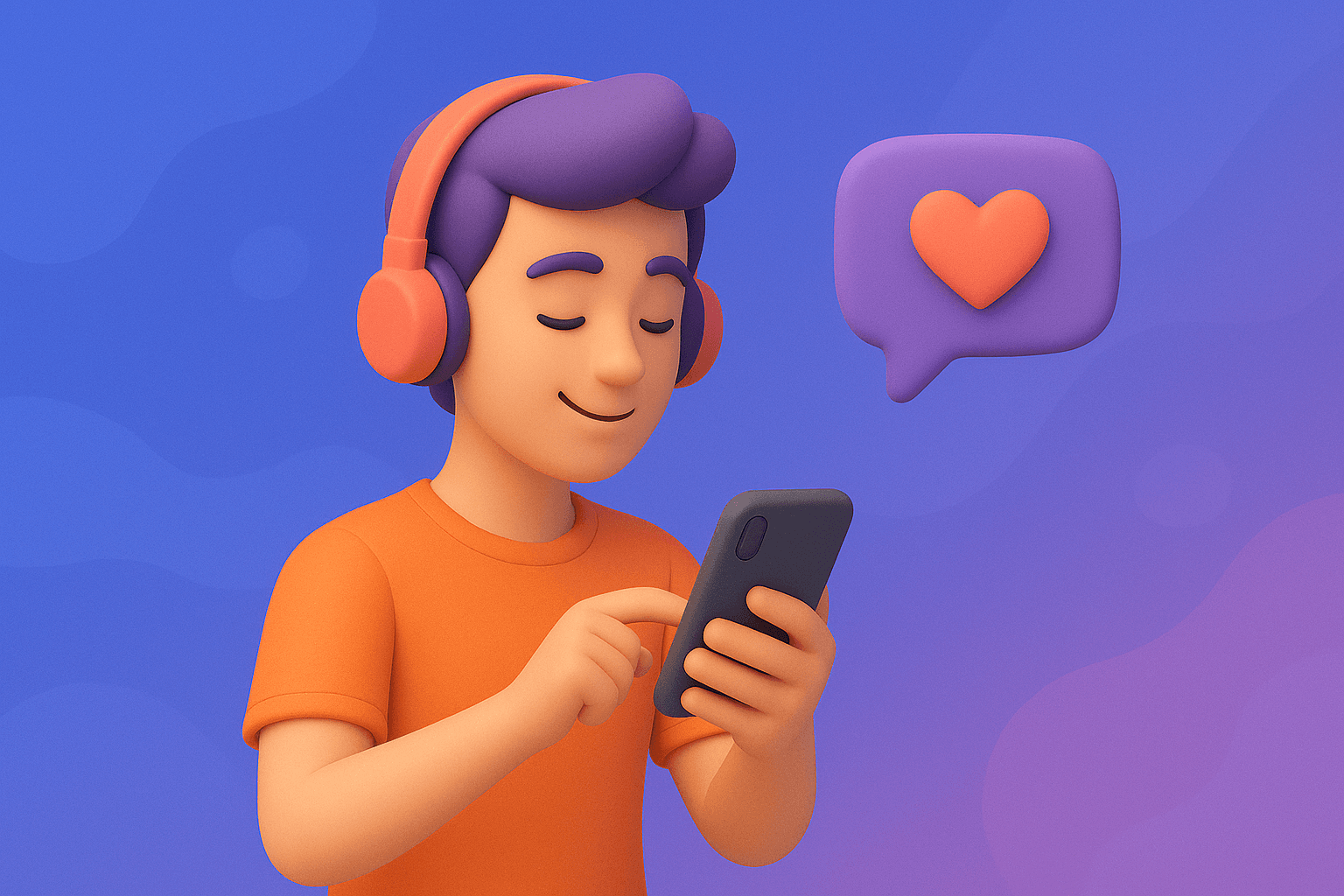 Ilustrasi clay 3D seorang remaja dengan headphone coral dan kaos oranye, tersenyum sambil memegang smartphone. Di sampingnya muncul chat bubble ungu dengan hati coral, latar gradasi biru–ungu.