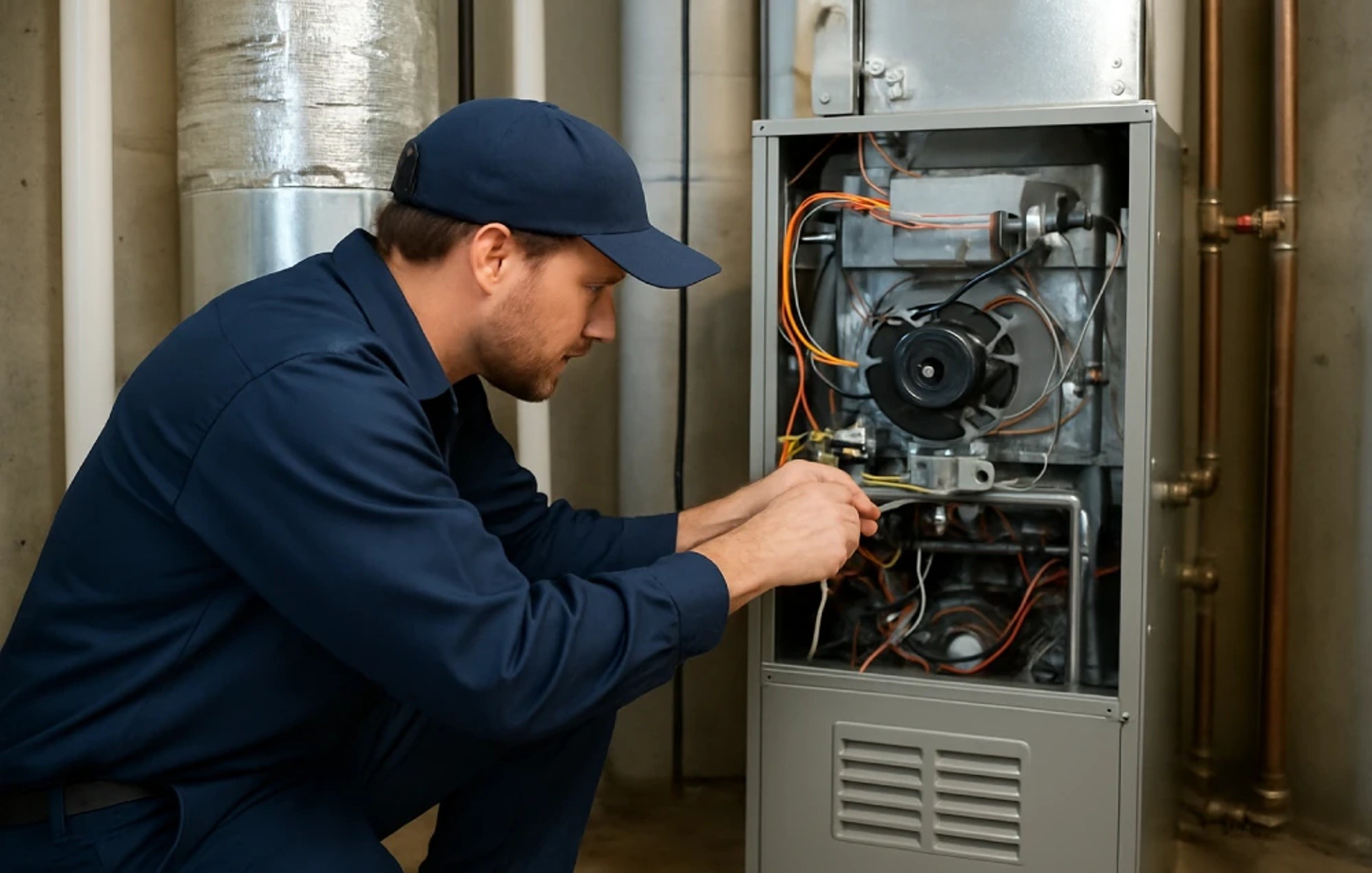HVAC technician using a tablet to diagnose furnace components during a heating system inspection.