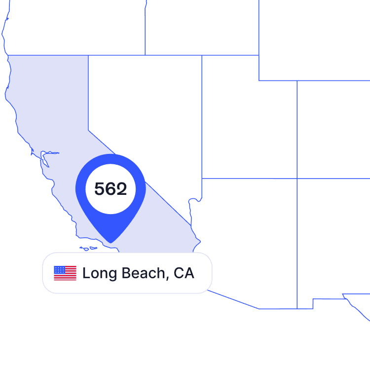 US map of 562 area code phone numbers and its coverage region