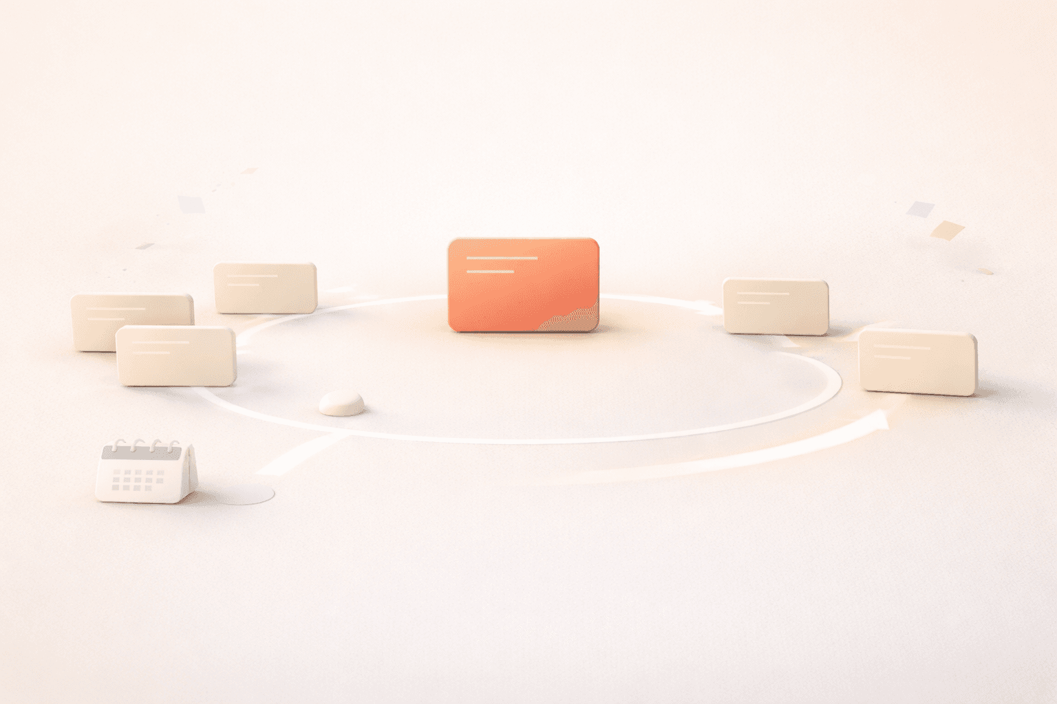 Minimalistische 3D-Illustration einer zentralen korallfarbenen Fokuskarte auf einem klaren Pfad, umgeben von mehreren hellen Anfrage-Karten, die an einer transparenten Kreisgrenze stoppen. Eine Karte wird sanft auf einen separaten Weg umgeleitet, während dezente Elemente wie ein Kalender-Icon und kleine Fragmente im Hintergrund liegen. Warmes cremefarbenes Farbschema mit weichen Schatten und viel Freiraum.