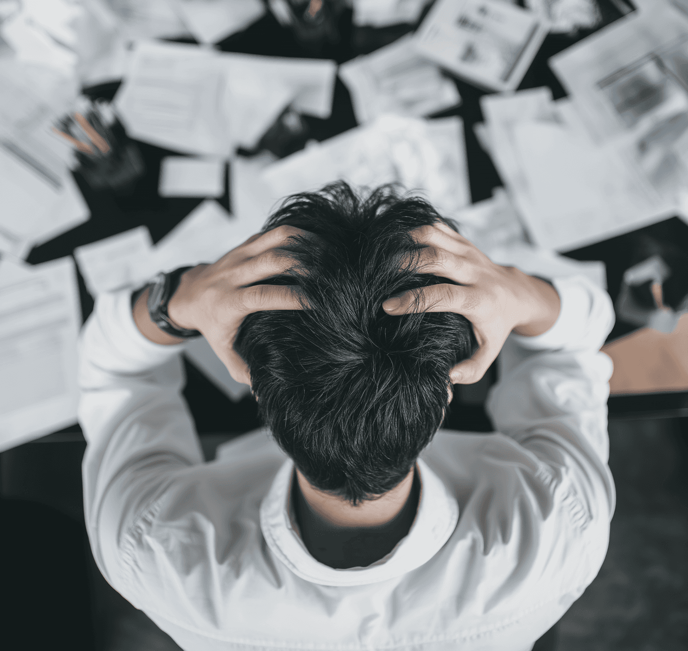 Man holding his head in frustration at a cluttered desk covered with papers, symbolizing data chaos and operational stress.