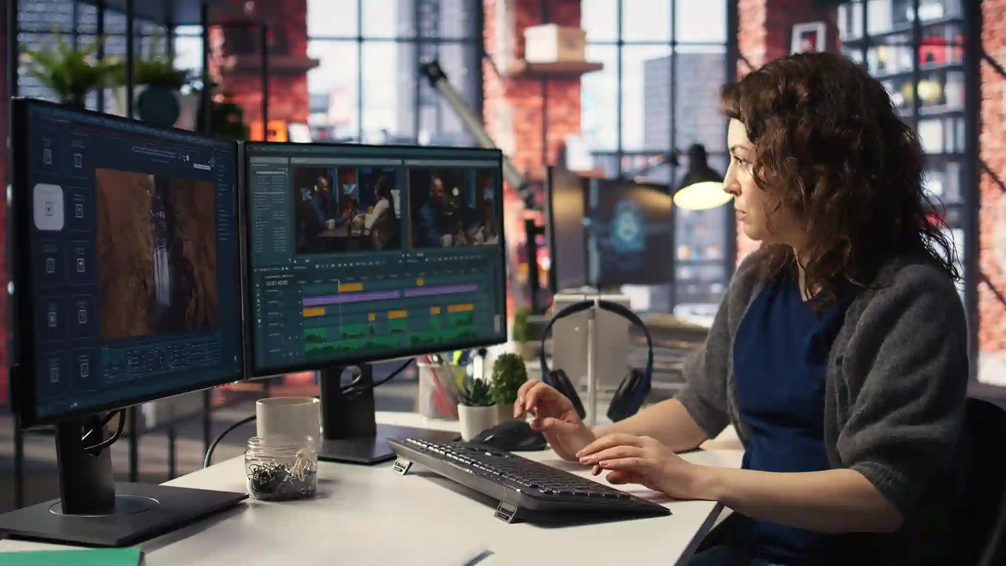 A digital editor focuses on a complex video post-production timeline using a dual-monitor setup in a modern office.
