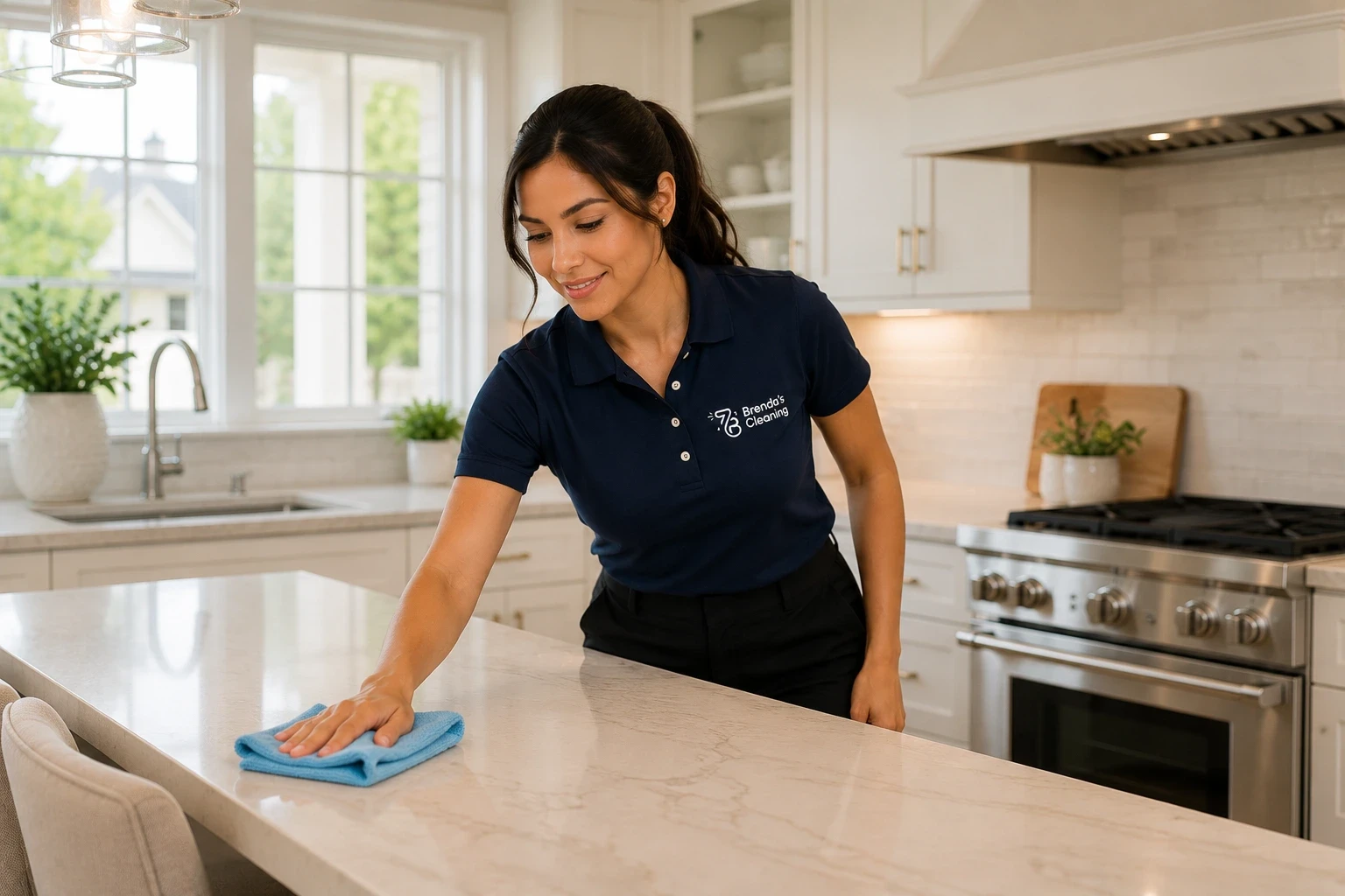 A professional housekeeper with Brenda's Cleaning service wiping down a polished light marble kitchen island countertop with a blue microfiber cloth. She is wearing a company-branded navy blue polo shirt and black pants, without gloves. The photo highlights premium residential kitchen cleaning, deep house cleaning, and maid services inside a bright, high-end home featuring white cabinetry, a tiled backsplash, and a stainless steel gas range oven.
