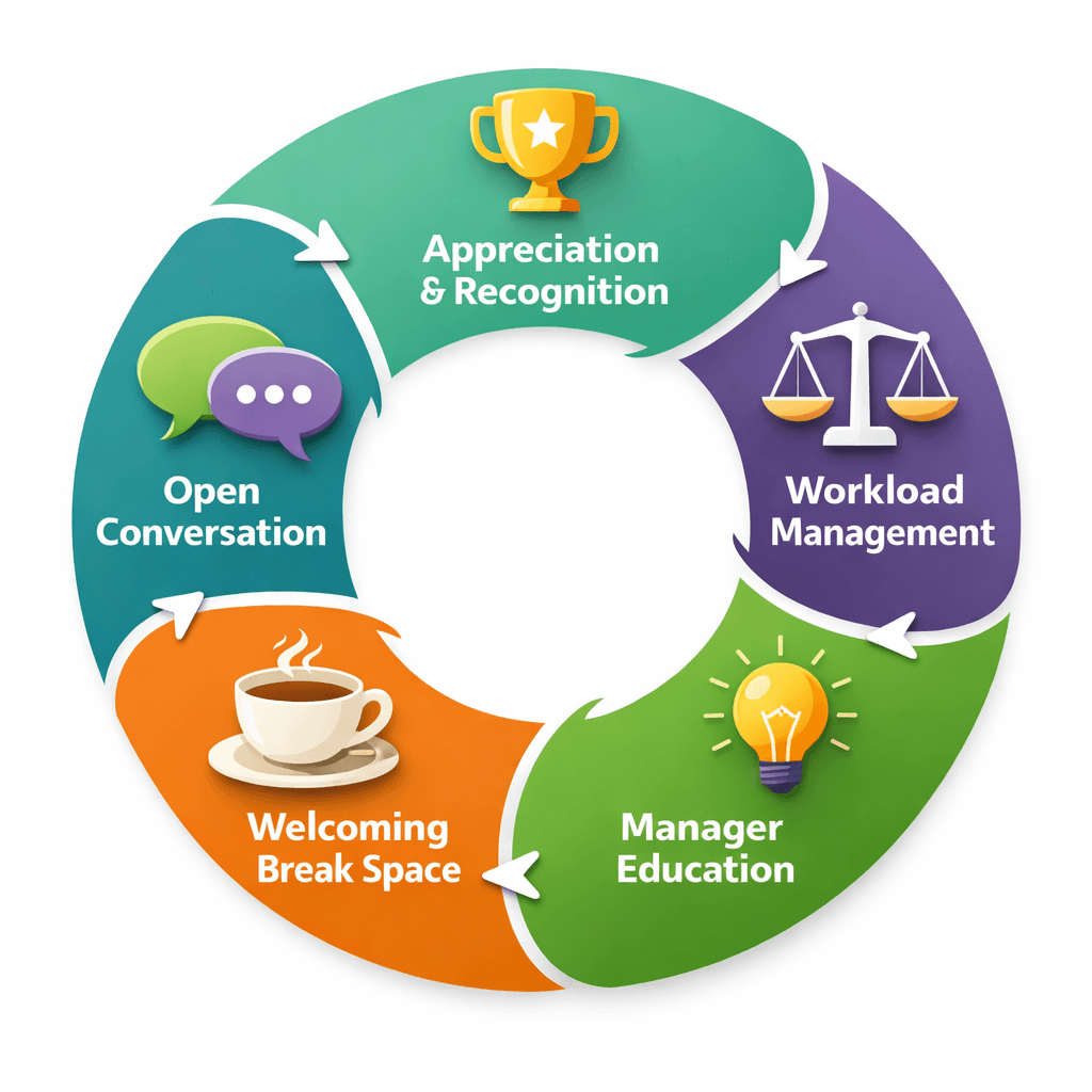 Infographic outlining five effective strategies to prevent employee burnout including recognition programs, workload management, manager training, break spaces, and mental health conversations