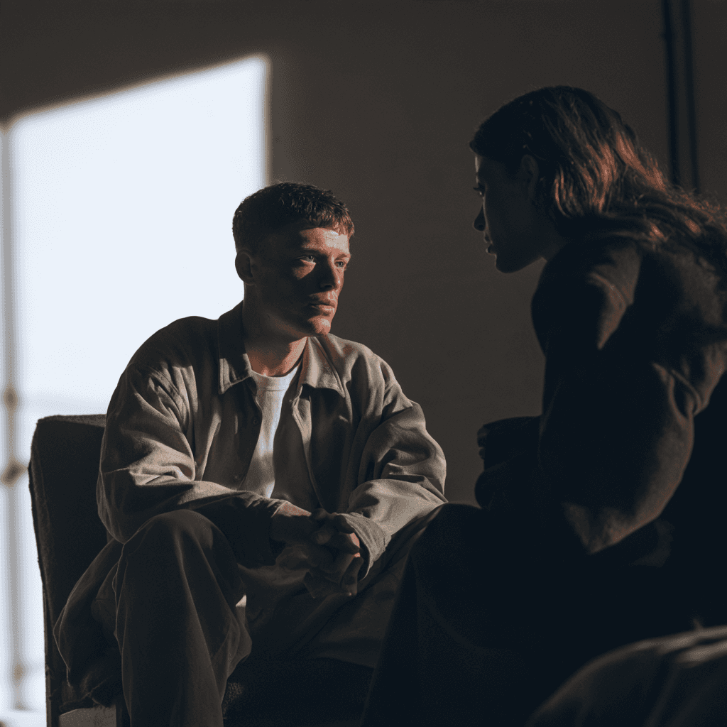 A man sitting still with a blank expression while his partner asks him what he is feeling