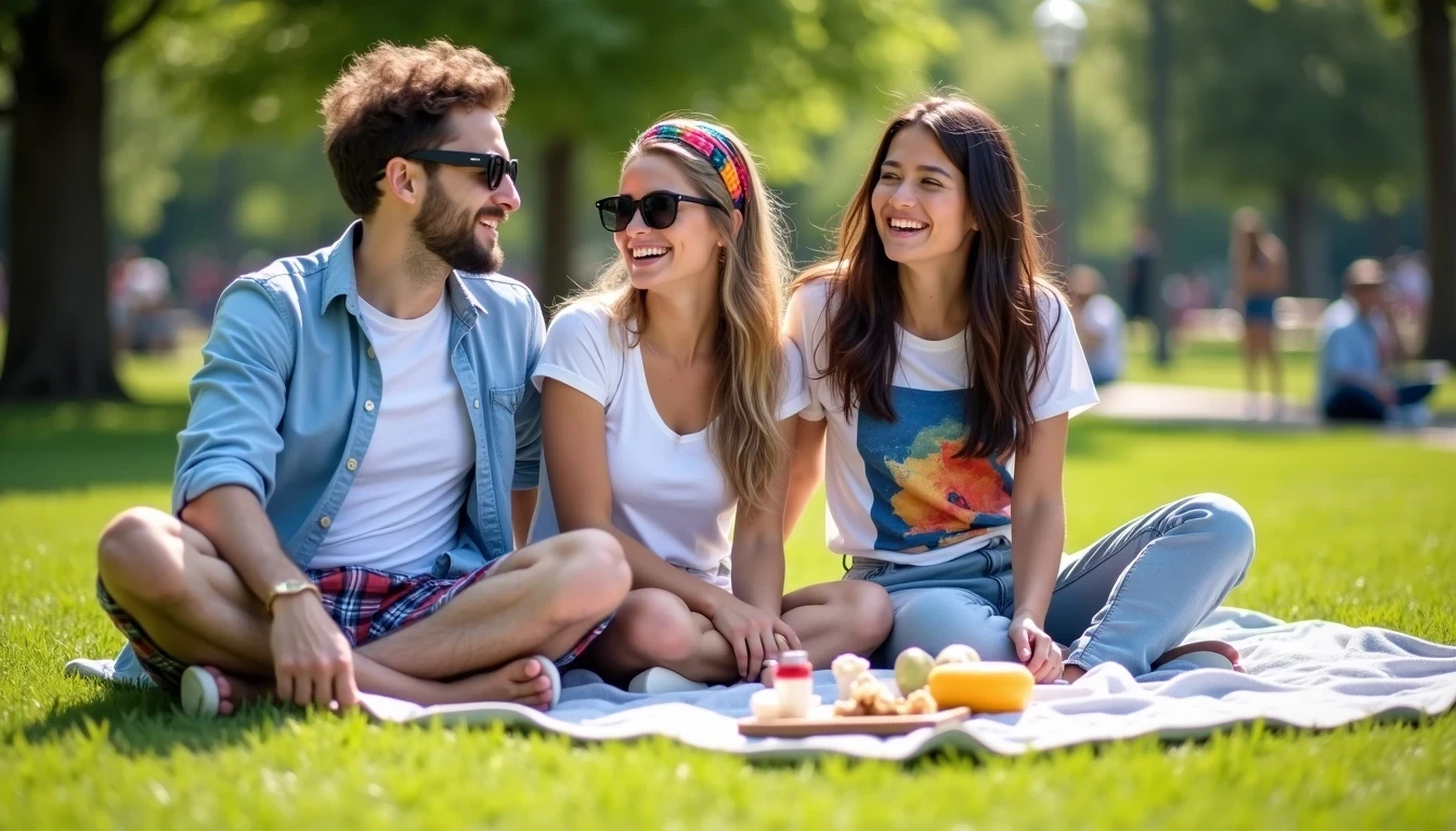 3 people sitting on a mat eating a picnic in a park