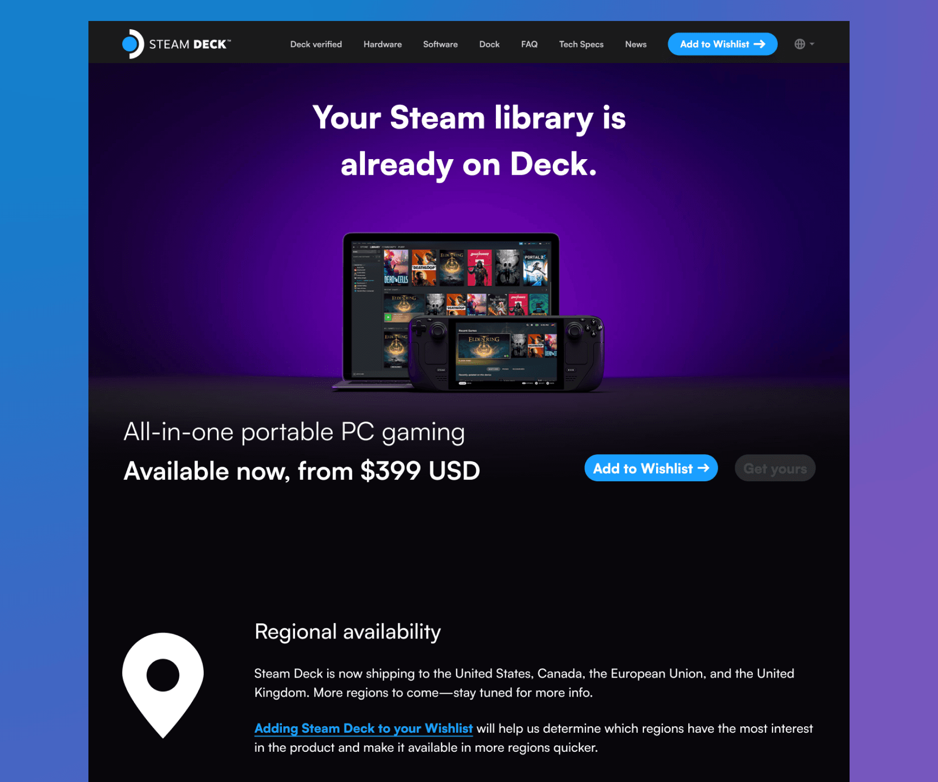 A imagem exibe um conceito de redesign da página principal do Steam Deck, destacando um dispositivo portátil para jogos de PC em um fundo roxo vibrante, com o produto em destaque no centro, acompanhado de texto detalhando disponibilidade e preços a partir de 399 USD.