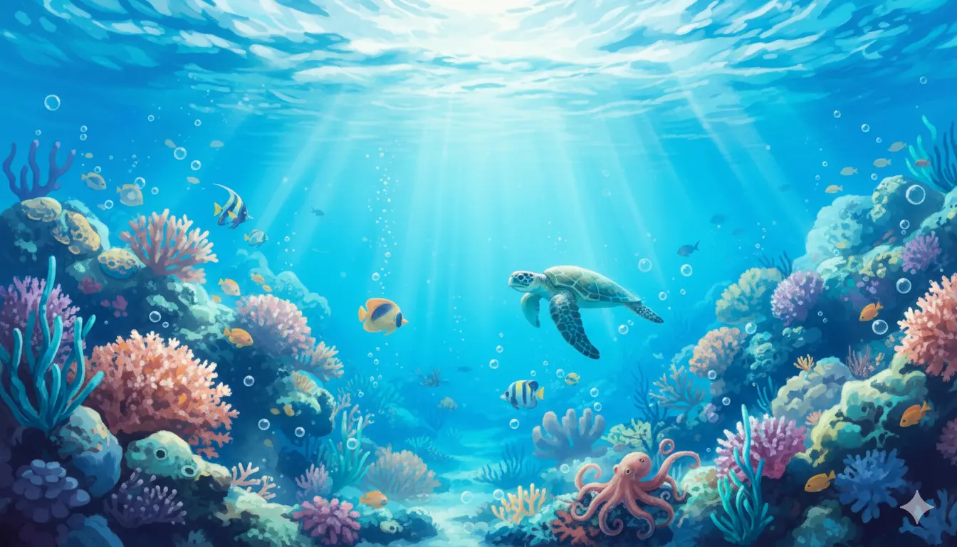 Marine life illustration done with acryll paint