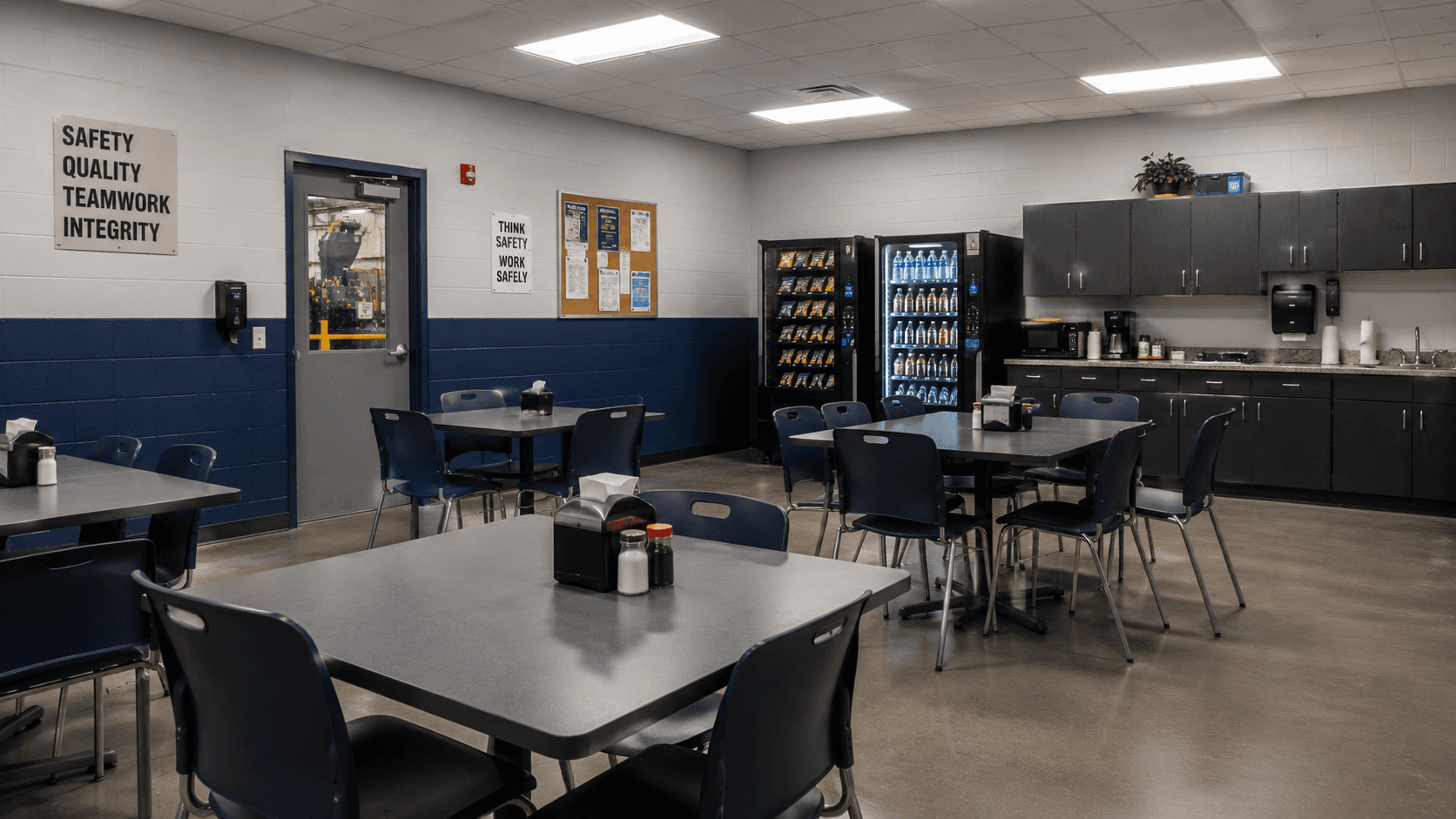 Manufacturing breakroom with freshly painted walls, doors, trim, and durable interior finishes