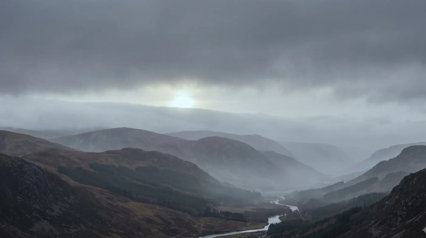 A Highland glen under low cloud