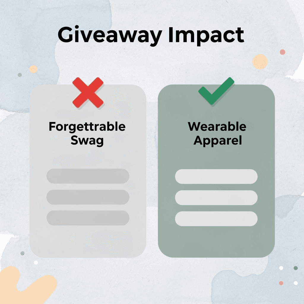 Before and after showing forgettable giveaways versus quality wearable apparel