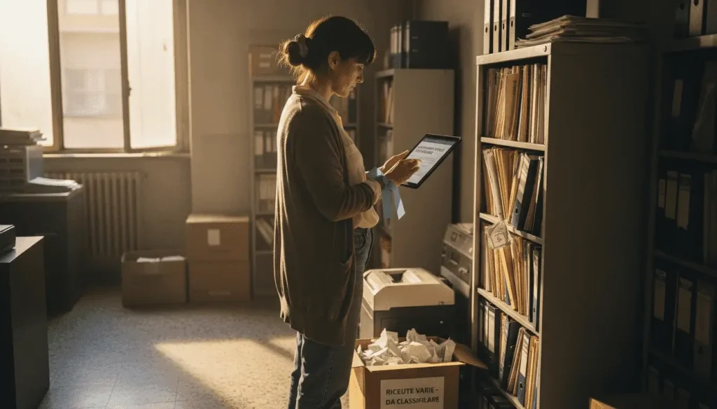 Assistente impegnato nell’archiviazione dei documenti, utilizzando sia il tablet che le cartelle cartacee.