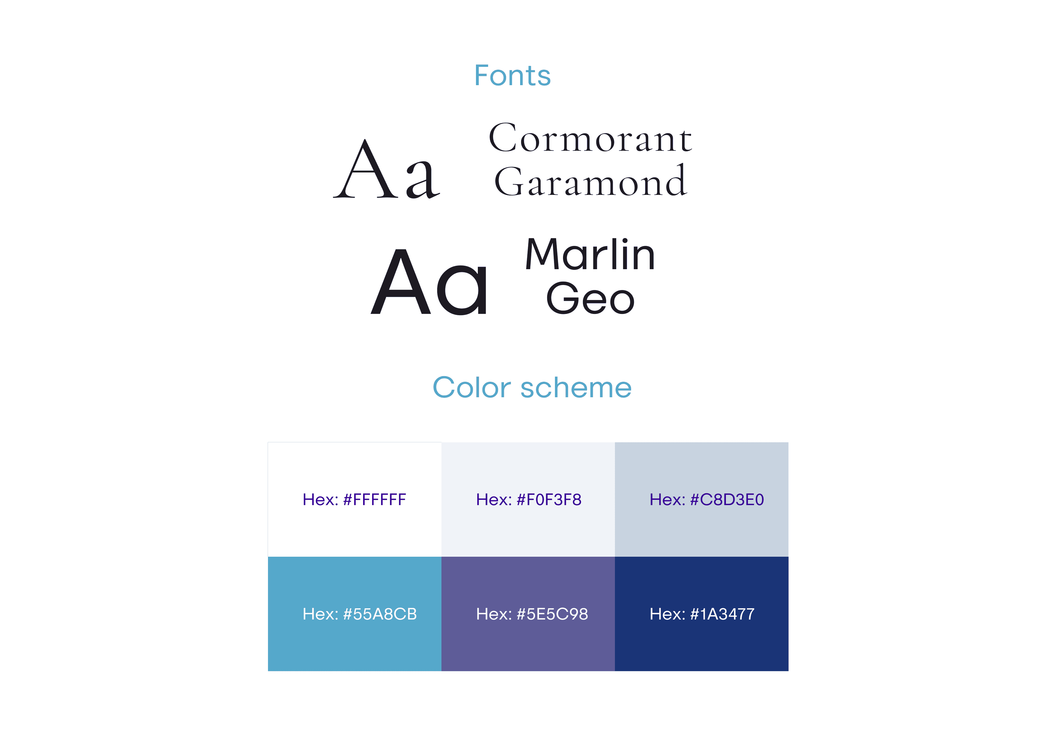 Typography and color palette for SkinMed website — Cormorant Garamond and Marlin Geo with soft blue and violet tones.