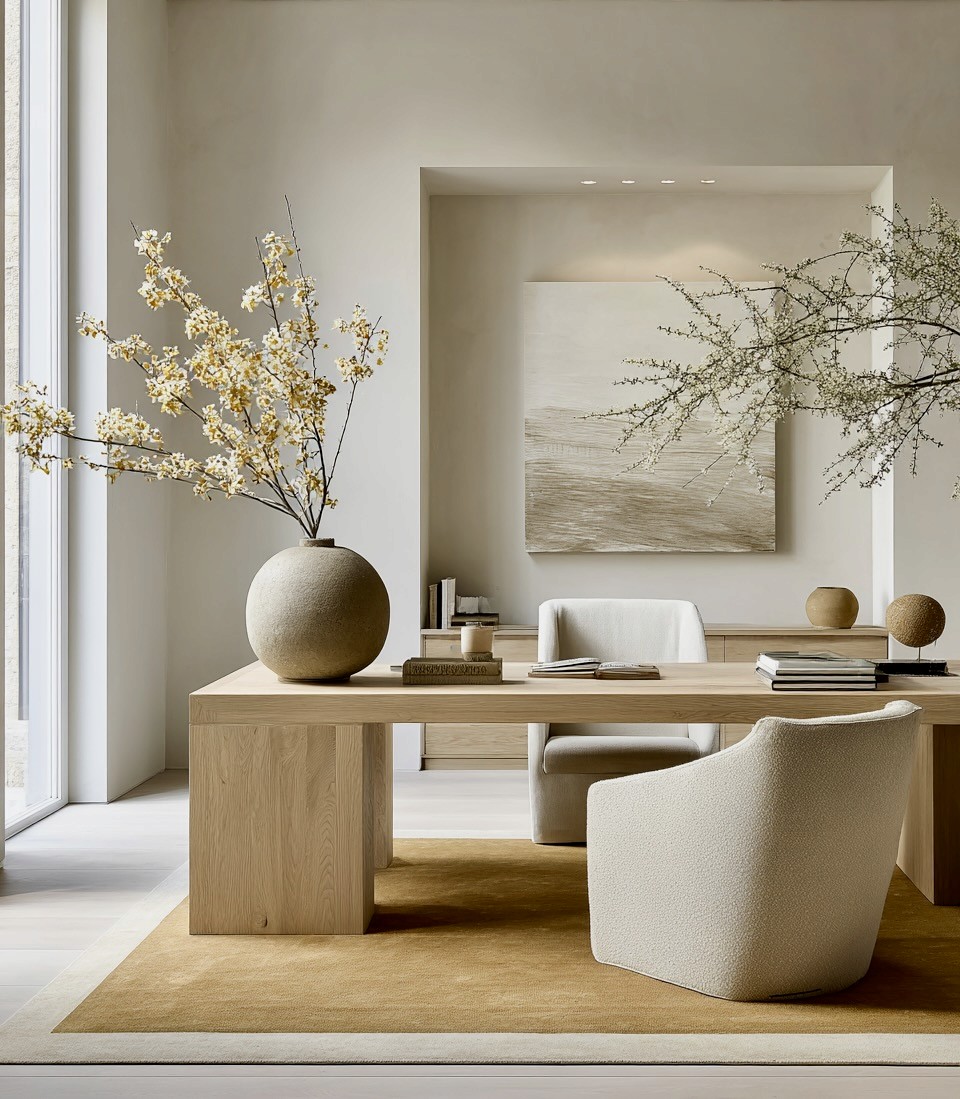 a white vase sitting on top of a wooden table