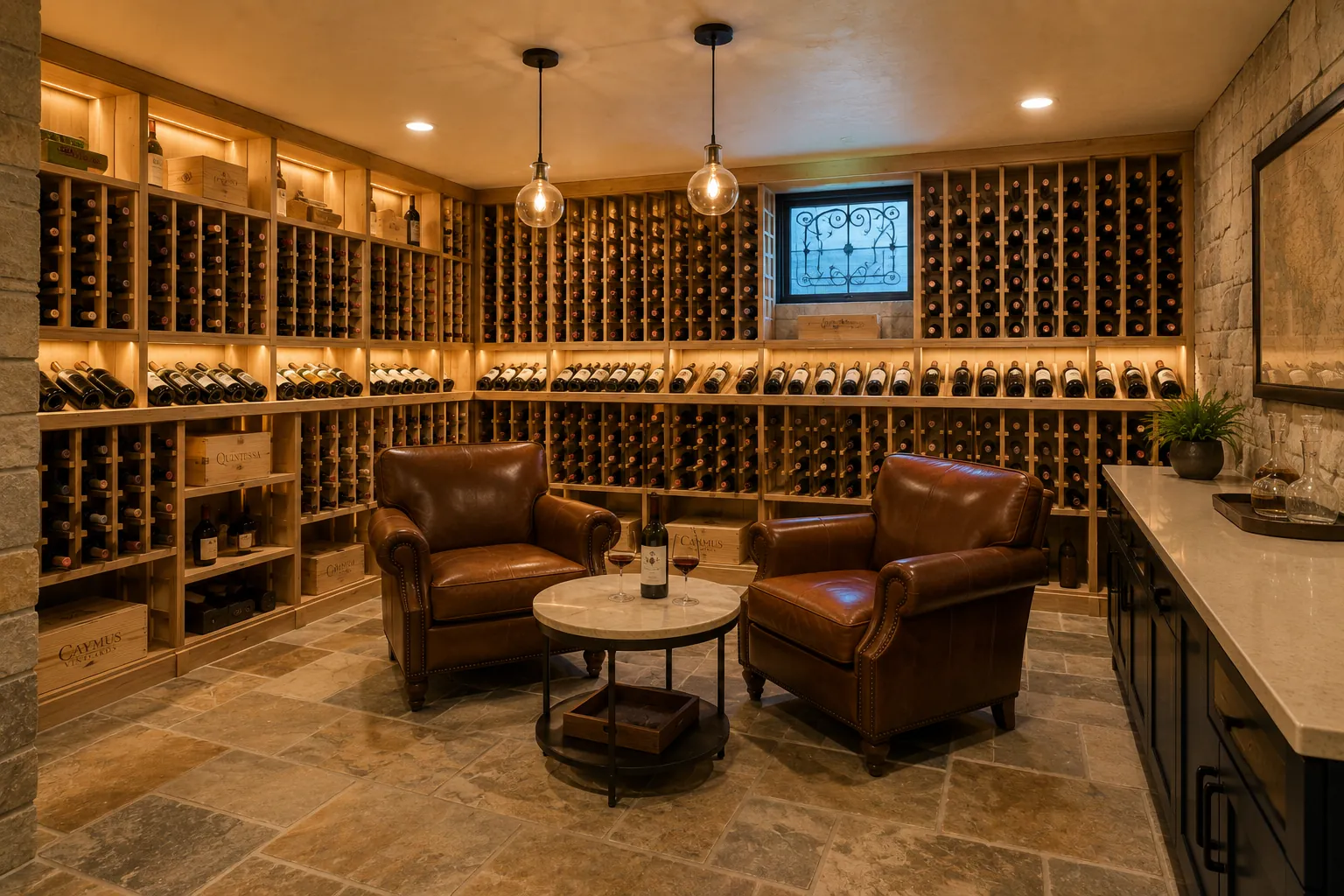 Custom basement wine cellar in Utah with floor to ceiling wood wine racks holding hundreds of bottles, two leather club chairs, stone tile flooring, and warm pendant lighting