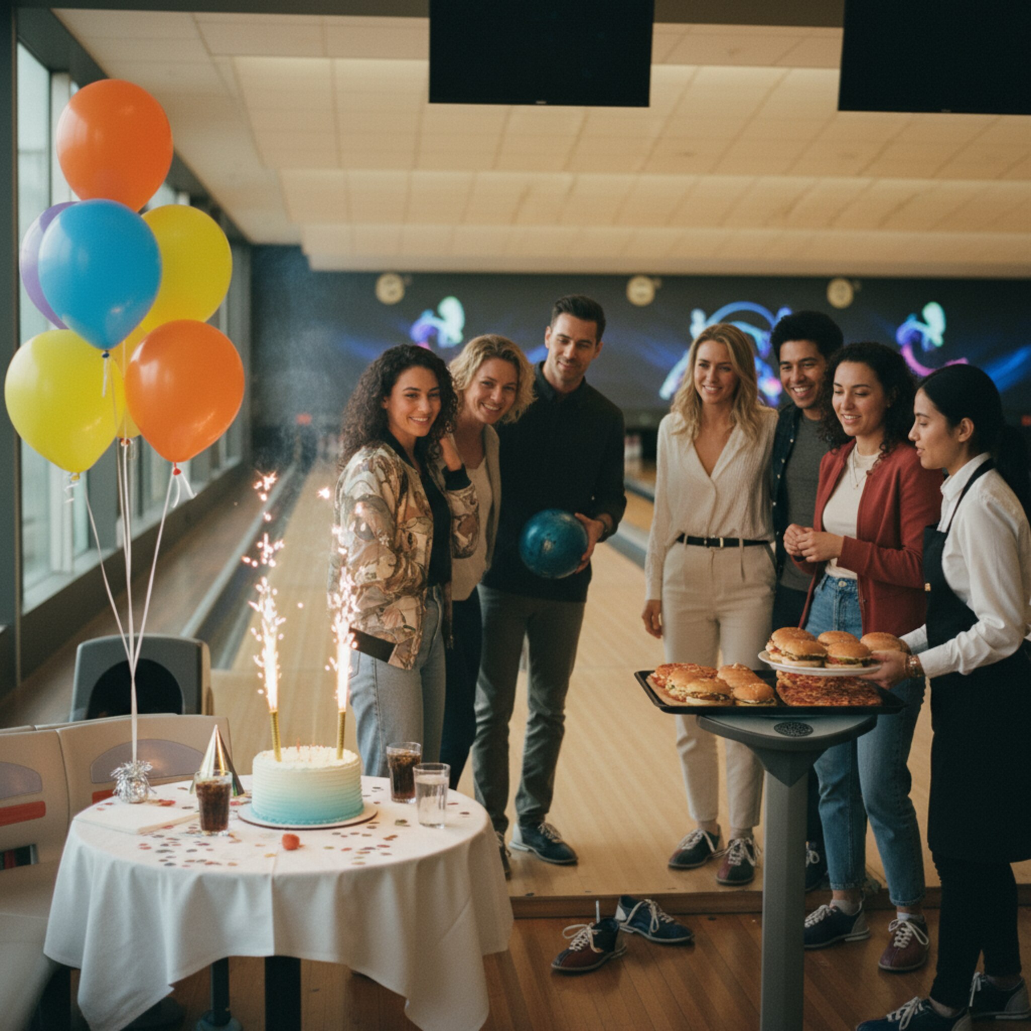 Geburtstagsecke mit bunten Ballons neben zwei angrenzenden Bahnen. Ein Kuchen mit Funken sprüht kurz, während alle lachen. Tabletts mit Burgern und Pizza werden abgestellt, Gläser klirren leise. Die Gruppe stellt sich für ein erstes Erinnerungsfoto auf, bevor es losgeht.
