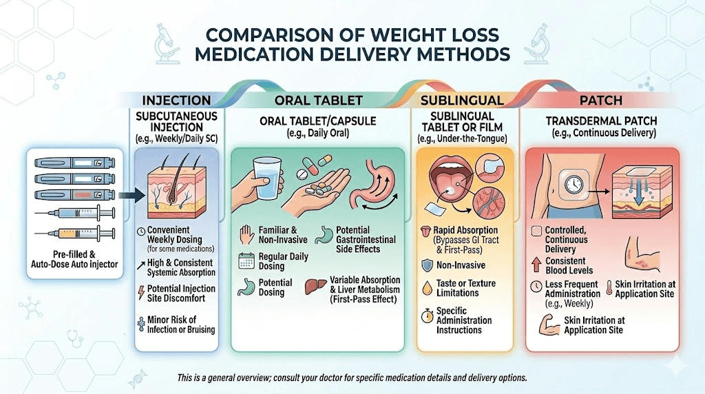Tirzepatide alternative delivery methods comparison including oral, injection, sublingual, and patch