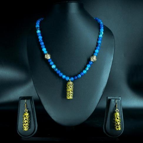 Handcrafted dokra brass necklace set with blue agate semi precious beads