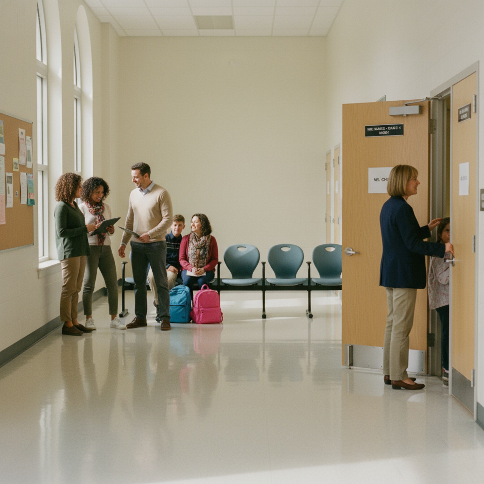 Ein geordneter Wartebereich vor mehreren Klassenräumen, wenige Stühle in einer Reihe. Eltern sprechen leise, eine Lehrkraft öffnet gerade die Tür für das nächste Gespräch. Dezente Namensschilder an den Türen strukturieren den Ablauf und schaffen Ruhe.