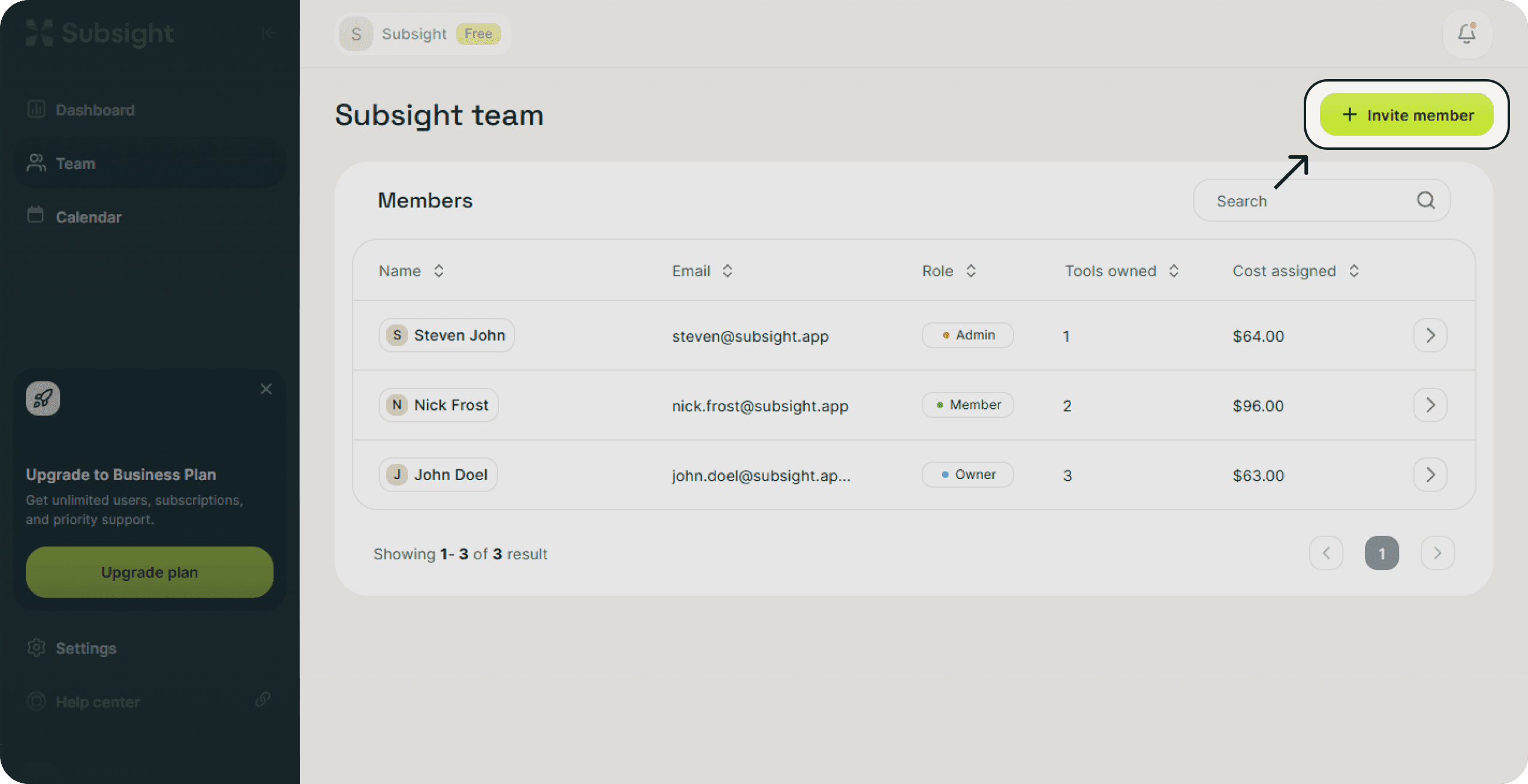 Subsight team page with sidebar navigation and invite member button highlighted.