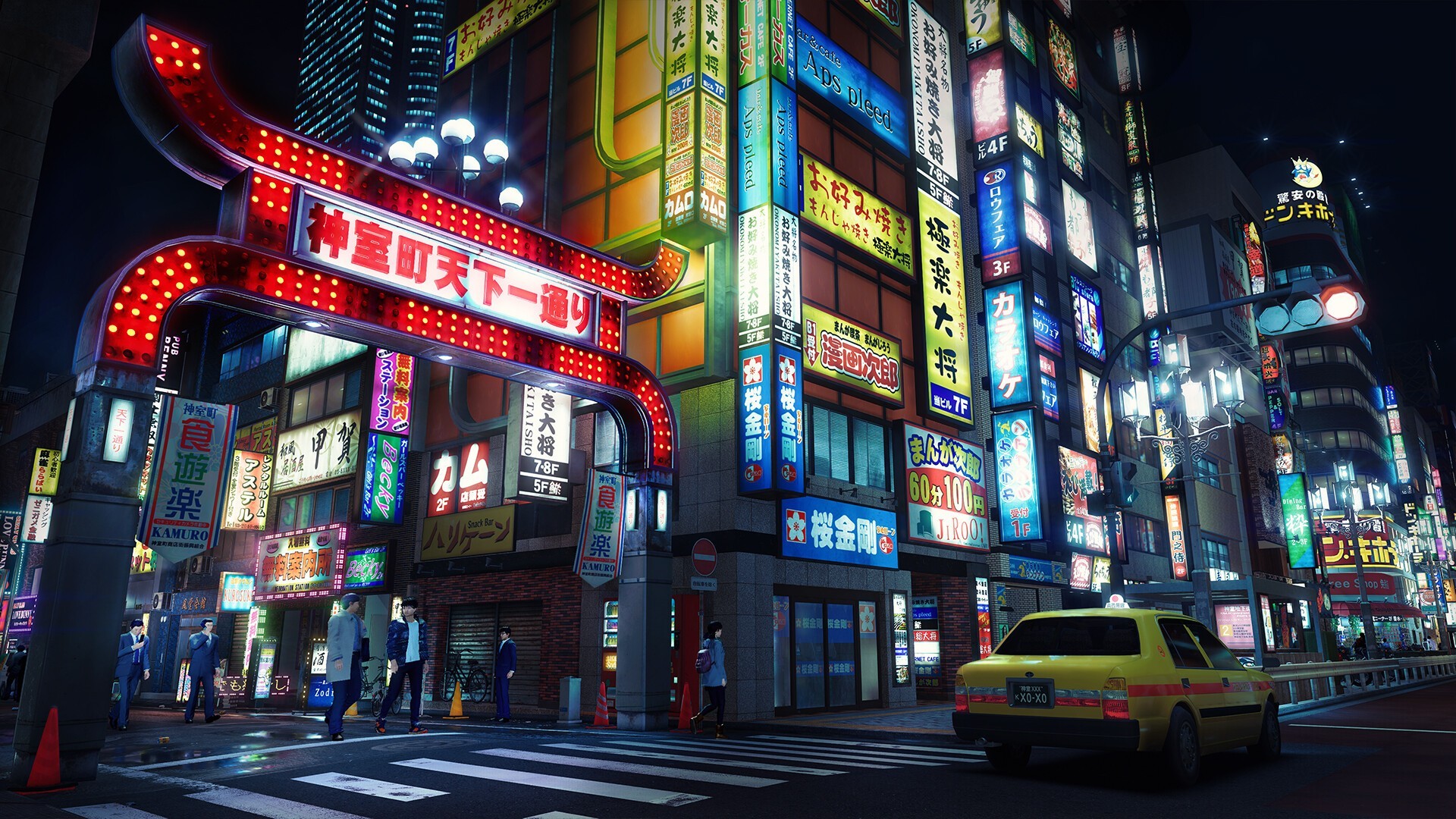 Quartier Kamurocho illuminé de nuit dans Yakuza Kiwami 3 Dark Ties sur PC Steam avec ambiance urbaine japonaise et néons colorés