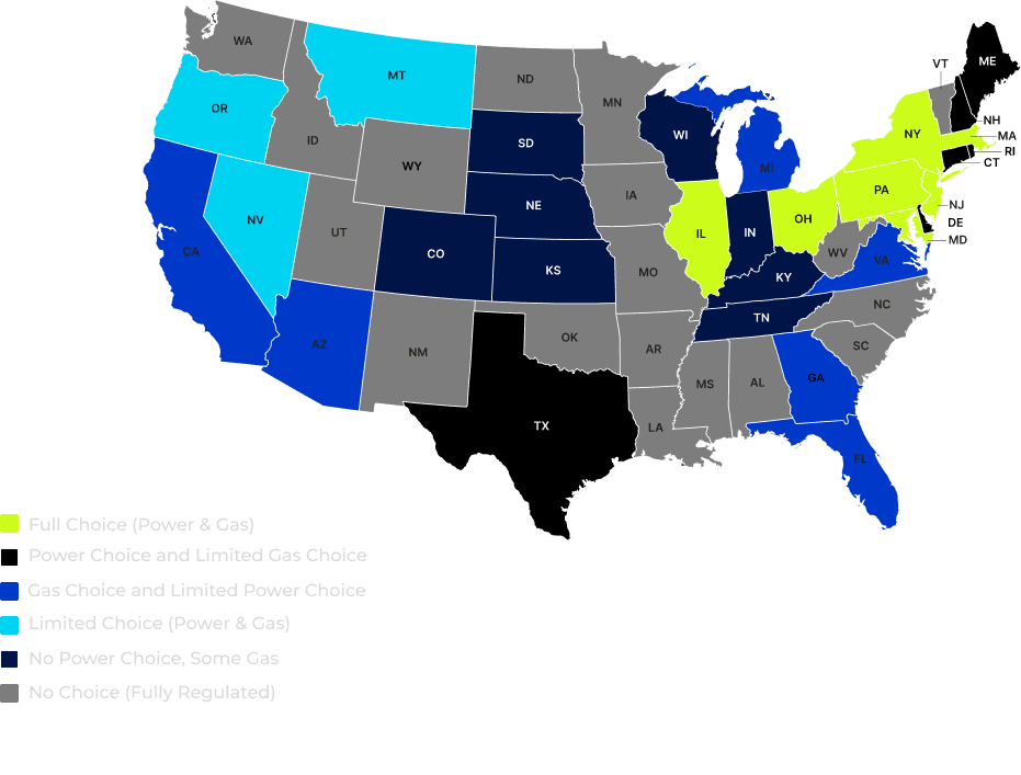 A color-coded United States map detailing energy deregulation status across states. A legend at the bottom left categorizes regulation levels into six groups: "Full Choice (Power & Gas)" shown in lime green, "Power Choice and Limited Gas Choice" in black, "Gas Choice and Limited Power Choice" in royal blue, "Limited Choice (Power & Gas)" in bright cyan, "No Power Choice, Some Gas" in dark navy blue, and "No Choice (Fully Regulated)" in grey.