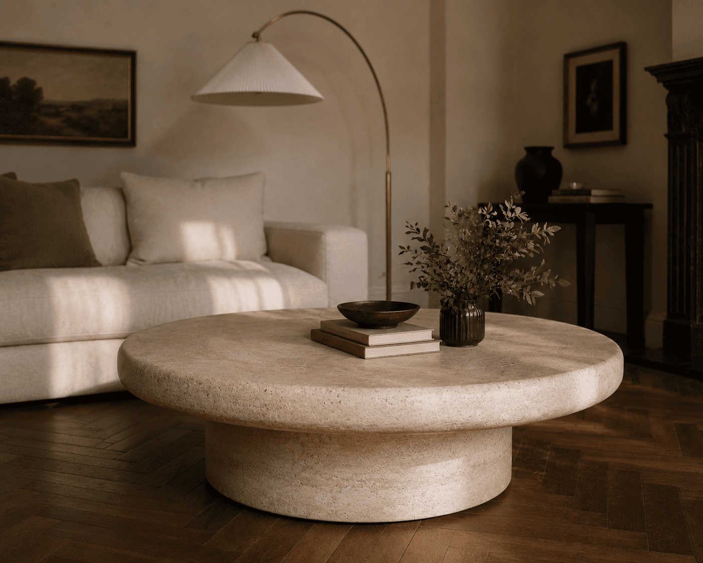 A low-angle shot focusing on a large, thick round coffee table made from beige travertine stone, set on a dark herringbone hardwood floor. On top of the table are two stacked books, a dark bowl, and a small ribbed black vase holding fresh green leafy branches. In the warm, soft-focused background, a cream-colored fabric sofa with earthy throw pillows sits beside a sleek brass arched floor lamp with a pleated white shade.