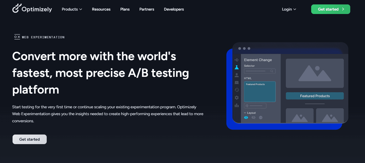 Optimizely's landing page for A/B testing, important for tracking and analyzing A/B testing metrics.