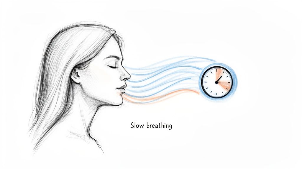 Pencil sketch of a woman with closed eyes practicing slow breathing with a clock timer.