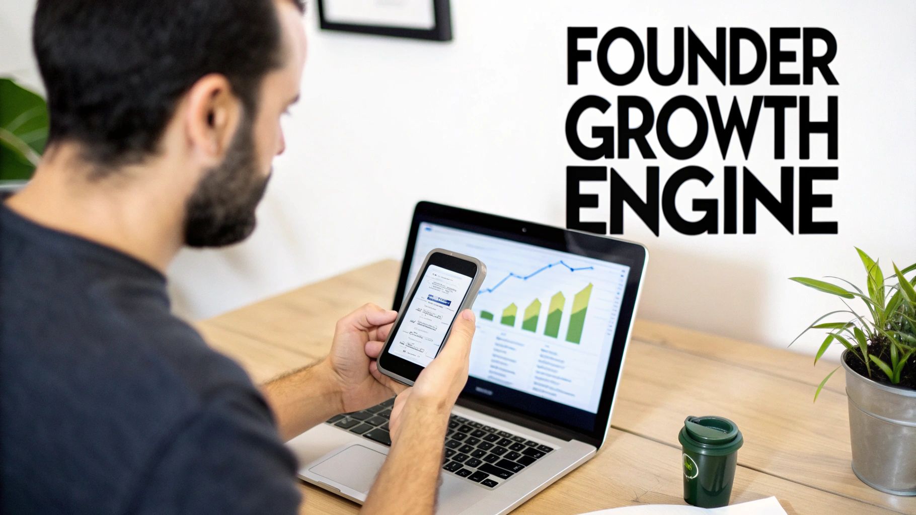 A man looking at a laptop displaying growth charts while holding a smartphone, with 'FOUNDER GROWTH ENGINE' on the wall.