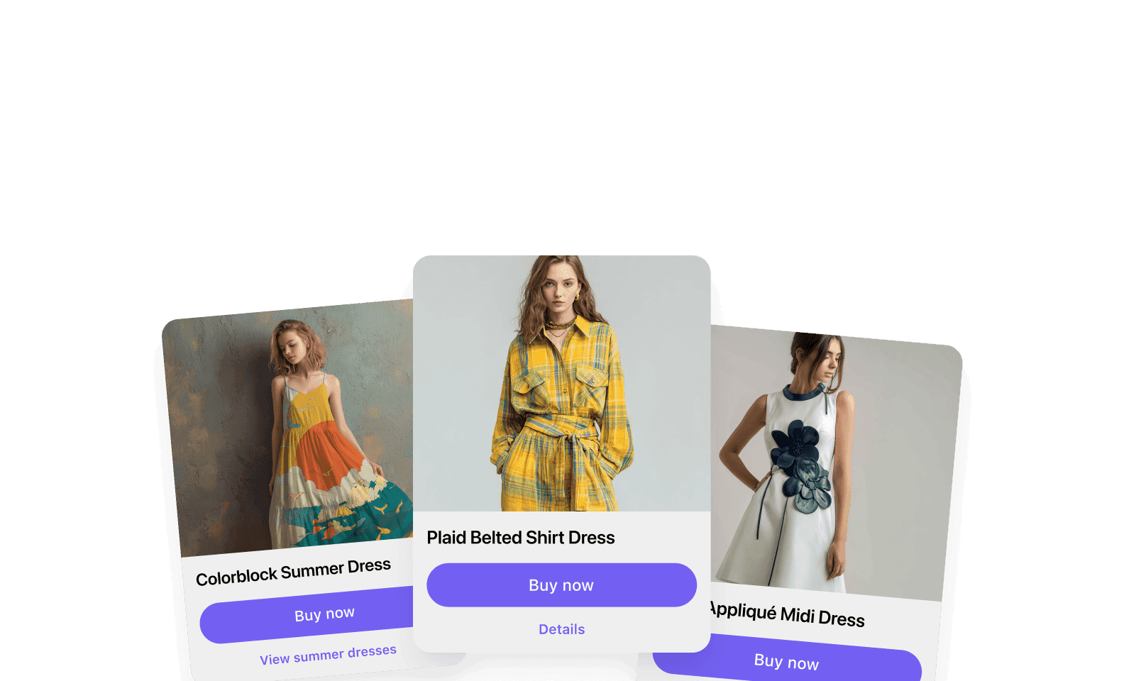 Visual depicting a carousel messaging example. Each carousel card shows women dresses (desktop view).