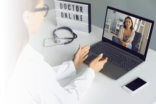 A doctor points at a floating user interface with a stethoscope