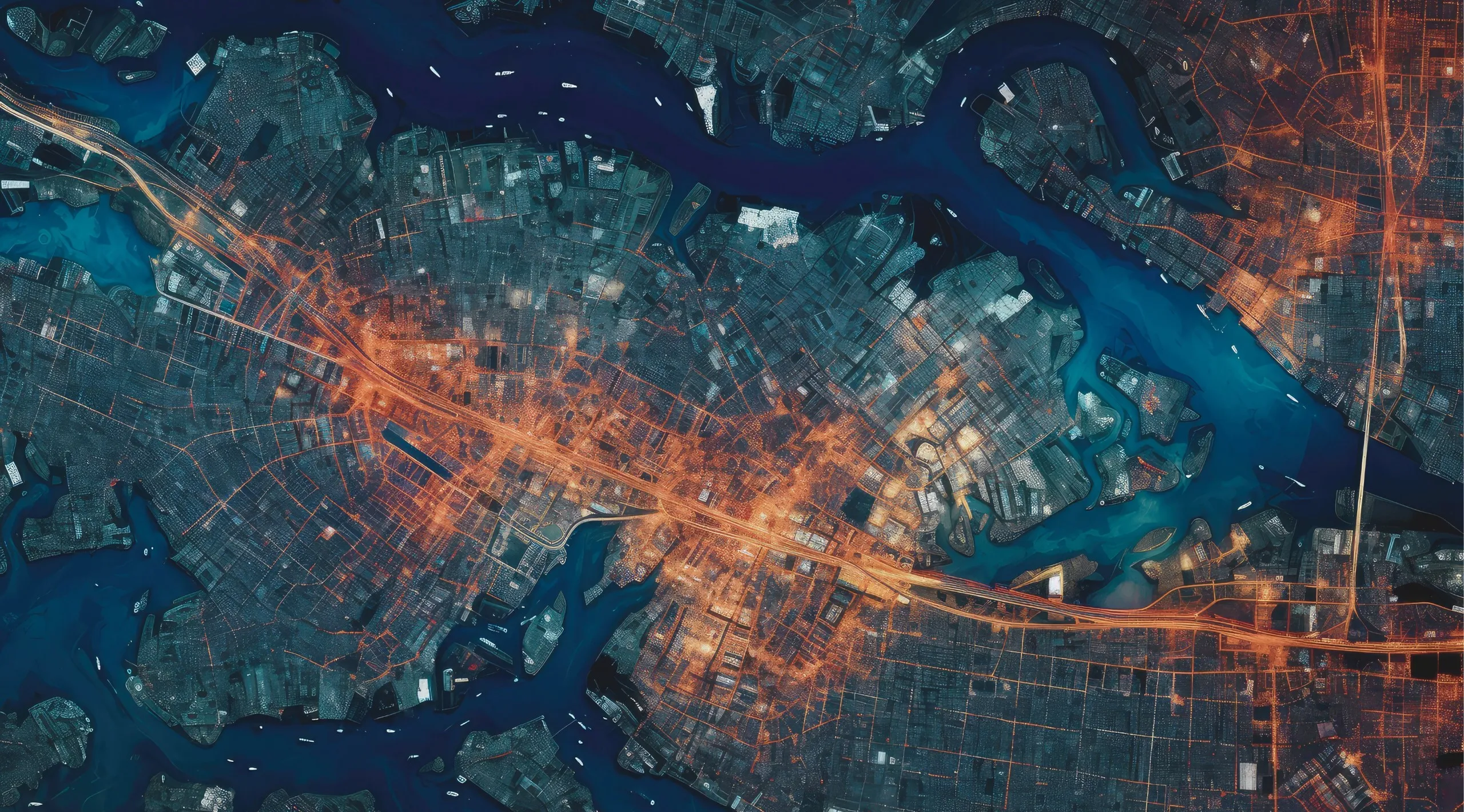 Aerial city map at night with glowing orange network lines showing roads and data connections across waterways.