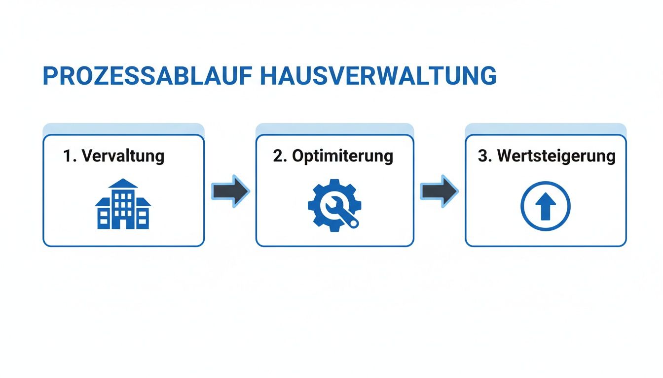 Infografik zum Prozessablauf der Hausverwaltung in drei Schritten: Verwaltung, Optimierung und Wertsteigerung.