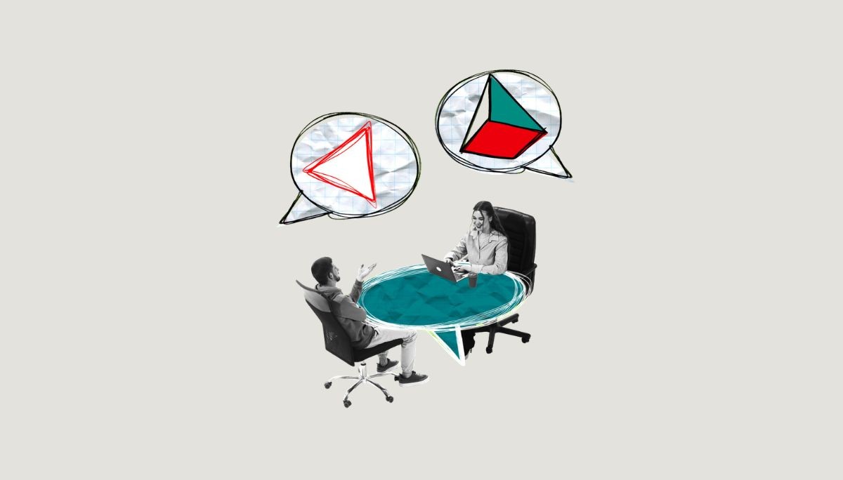 Two individuals at a table with geometric speech bubbles, symbolizing structured screening in Scale AI interviews.
