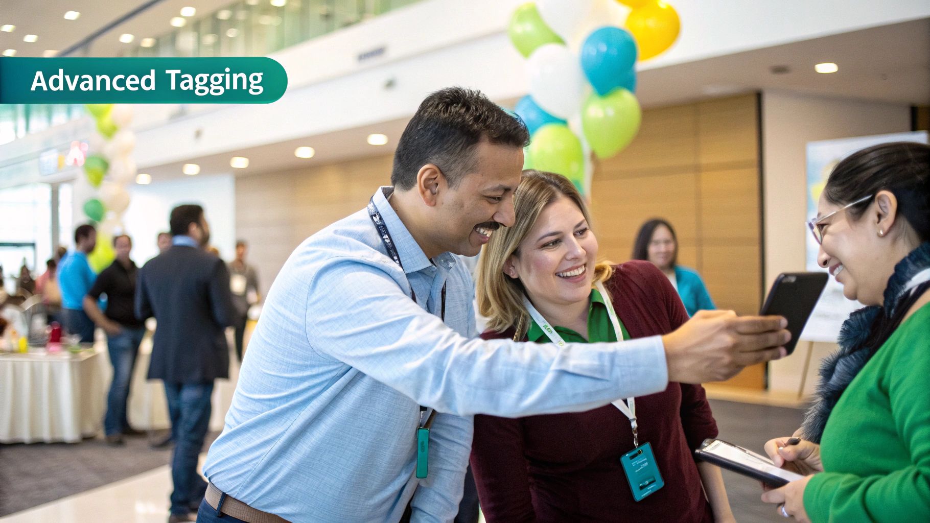 Team members collaborating around a laptop
