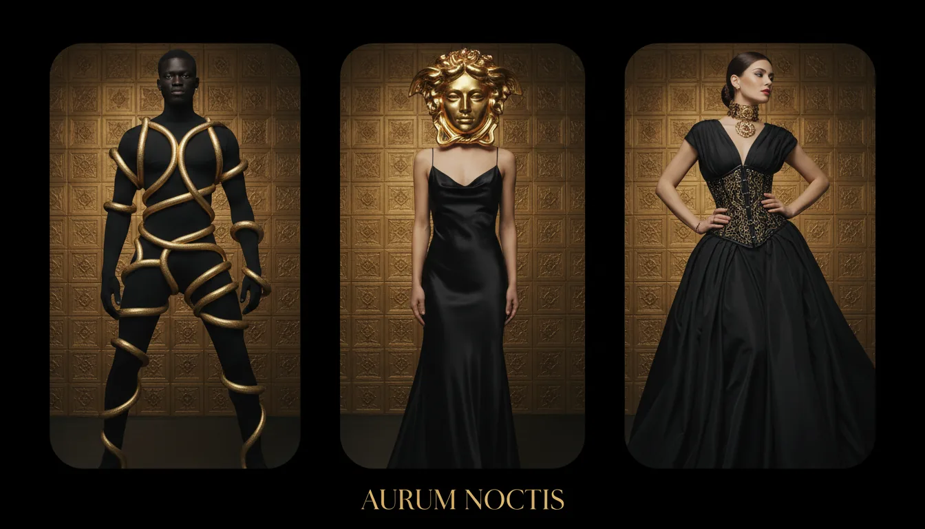 A high-fashion triptych in the style of a luxury brand advertisement, set against a solid black background. Three separate models are each posed inside a vertical, rounded-corner panel with a textured, embossed gold tile background. The photography features crisp, soft studio lighting and sharp focus. The left panel shows a Black male model in an avant-garde black outfit intricately wrapped in sculptural golden straps resembling snakes. The center panel features a model in a black silk slip dress, her head completely replaced by a large, ornate golden Medusa head sculpture. The right panel shows a woman in a long black gown with a detailed black and gold corset, wearing a thick gold choker.